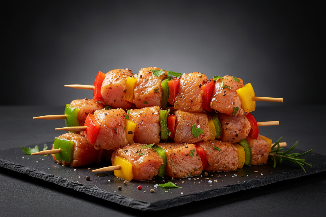 Brochettes de poulet marinées avec poivrons certifiées halal AVS Achahada - viande fraîche prête à griller