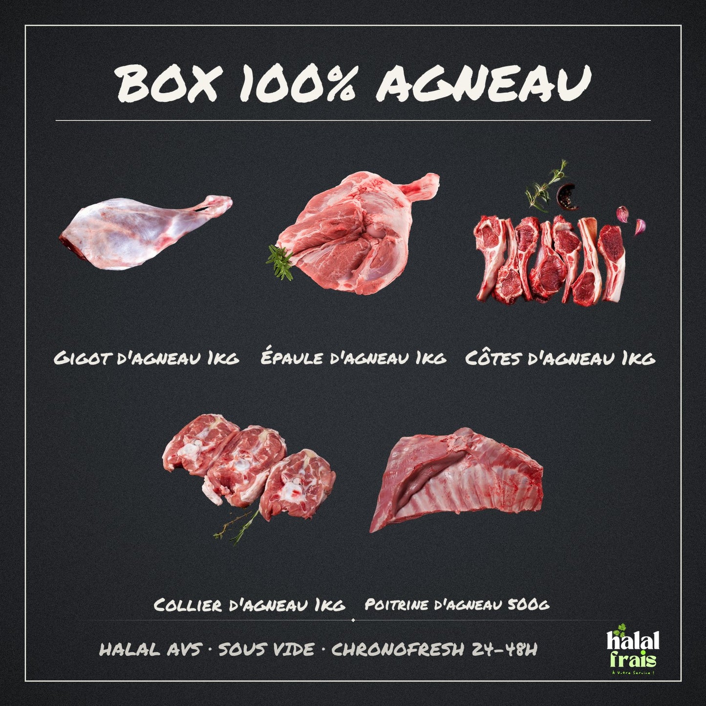 Contenu de la Box 100% Agneau : gigot, épaule, côtes, collier et poitrine d'agneau halal AVS frais Halal Frais