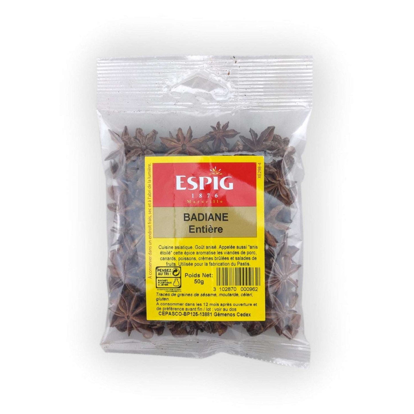 Anis étoilé entier Espig 50g, épice aromatique pour cuisine et tisane, produit frais de qualité supérieure.