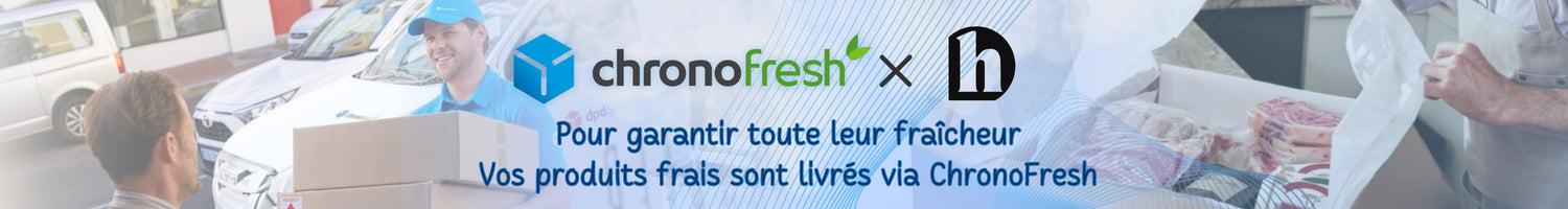 banniere montrant le partenariat entre chronofresh et halal frais pour une livraison réfrigérée fraiche dans toute la france, les viandes sont livrées via chronofresh avs certifiés achahada