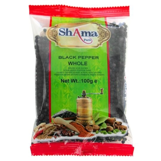 Poivre noir entier Shama 100g idéal pour cuisine raffinée, fraîche et halale, livraison rapide.