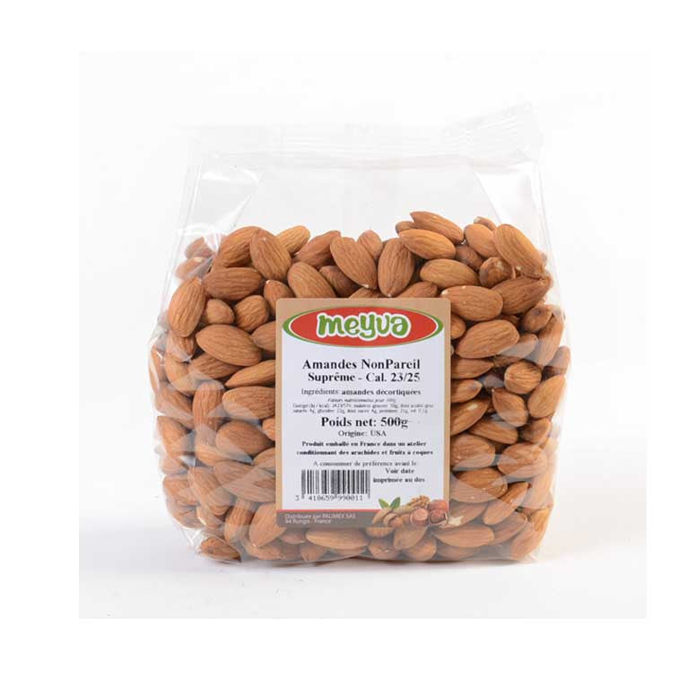 Amandes Nonpareil Supreme Cures 500g fraîches et croquantes pour alimentation saine ou pâtisseries