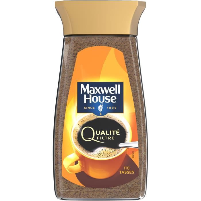 Café Maxwell Soluble Qualité Filtre 200g dans un bocal, délice instantané pour café latte maison, saveur riche et équilibrée, livraison rapide.