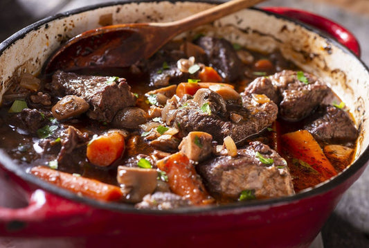 Boeuf bourguignon traditionnel mijote halal AVS sans alcool 
