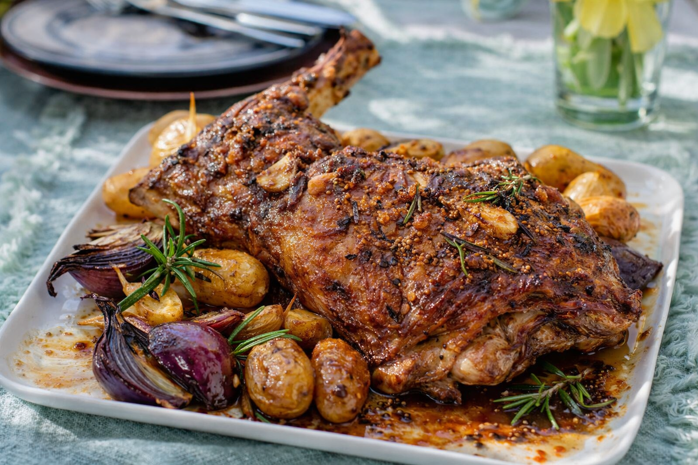 Épaule d'agneau confite dorée aux épices orientales avec légumes fondants