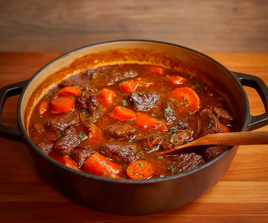 Boeuf aux carottes mijote en cocotte, recette traditionnelle, viande halal certifiée AVS