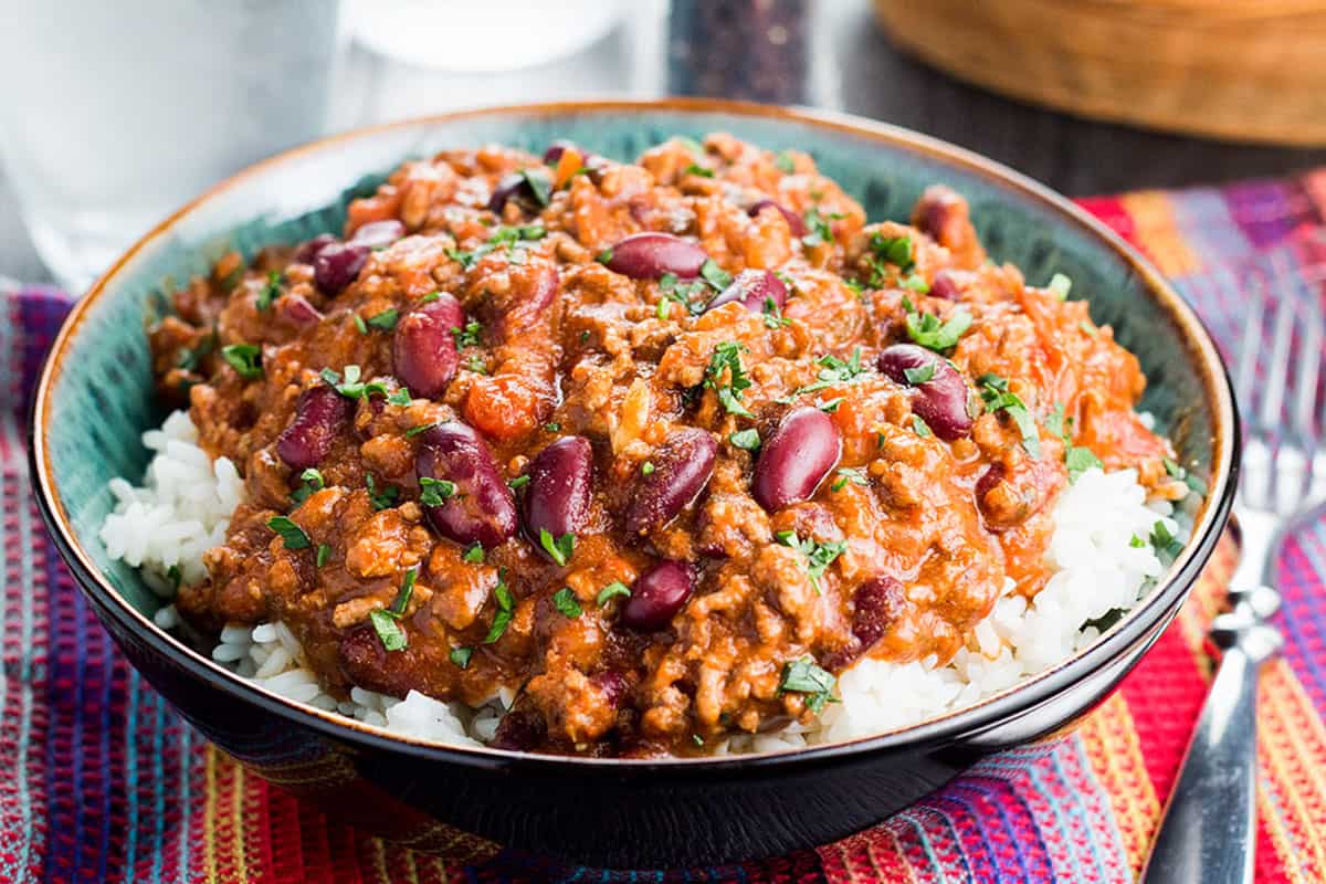 Chili con carne au boeuf hache et haricots rouges