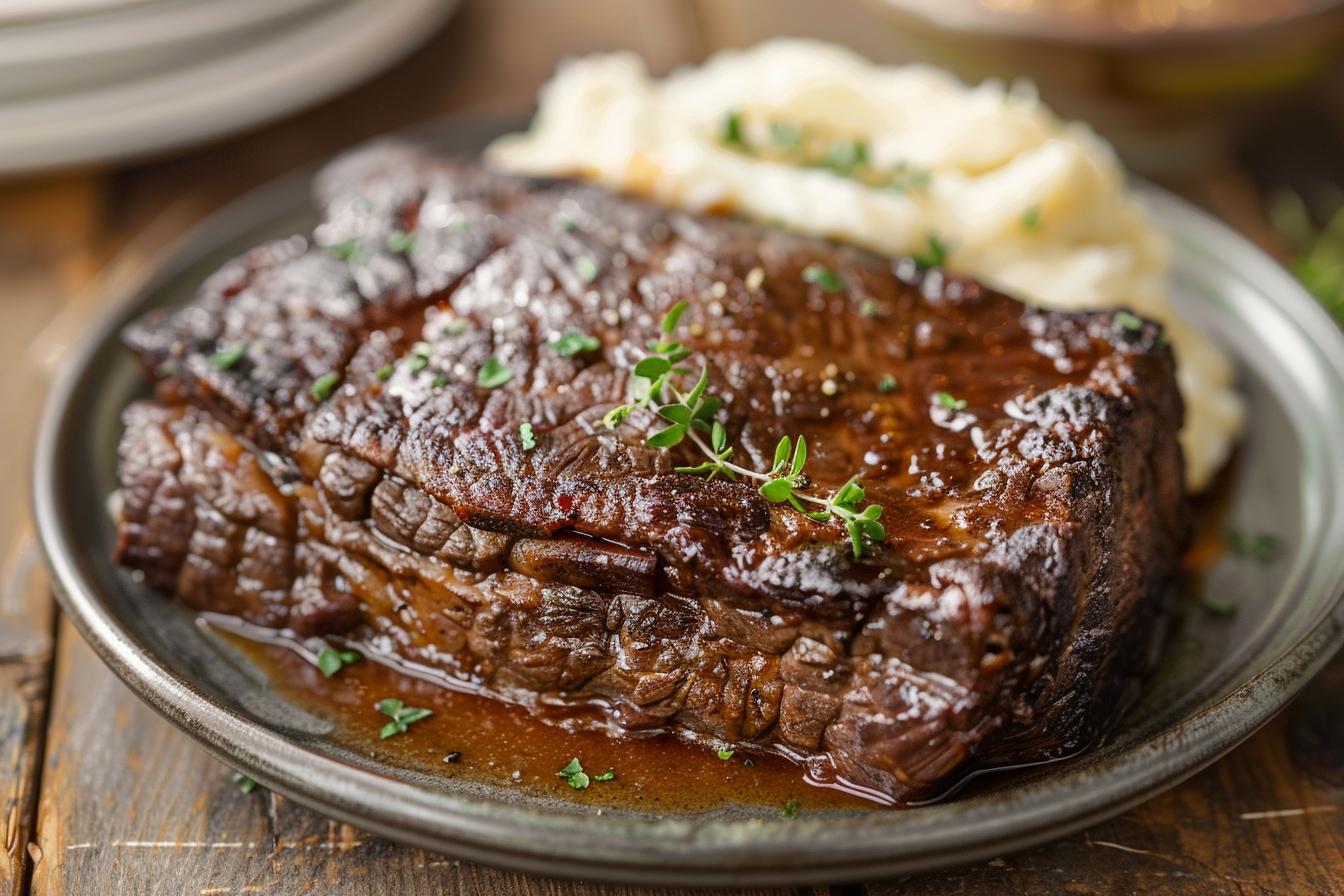 Paleron de bœuf braisé fondant dans cocotte avec légumes carottes oignons sauce onctueuse