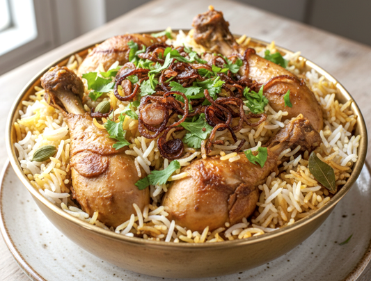RECETTE Biryani pakistanais au poulet : riz basmati, marinade yaourt épices, cuisson vapeur dum. Technique traditionnelle en couches avec safran 