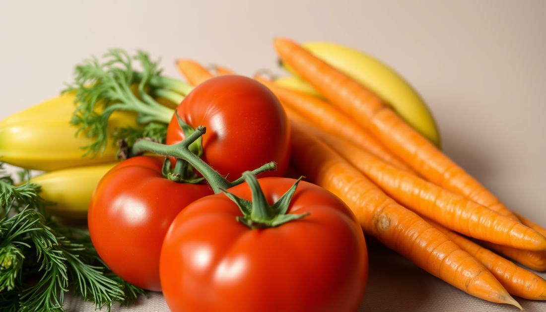 image de fruits de saison fraiches pour panier de fruits livré à domicile, tomates roma rouges, carottes, bananes, et des feuilles de persil frisé