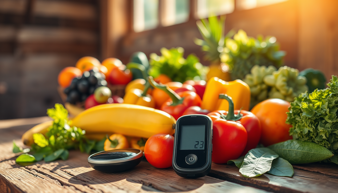 photo d'une mise en scène de fruits et légumes sur une table, avec un capteur de glycémie ( type capteur Libreview 2)