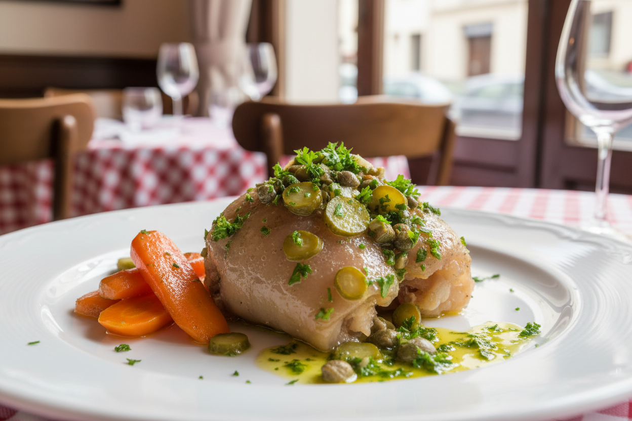 Pied de veau cuit fondant avec sauce vinaigrette aux herbes et légumes