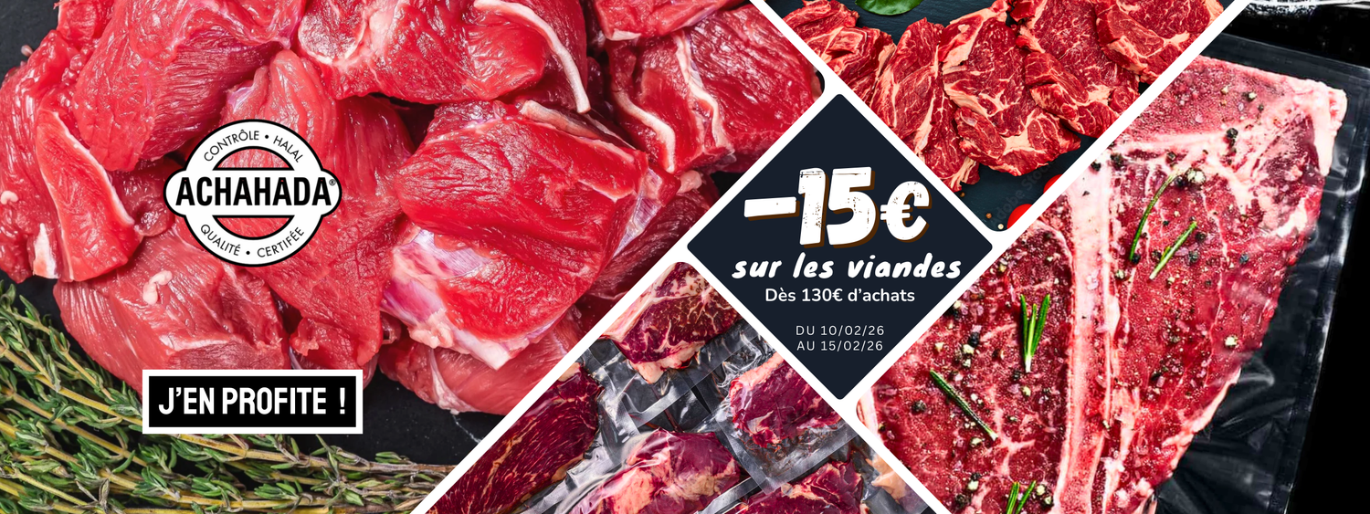 offre de reduction de 15€ sur les viandes fraiches sur un achat de 130€ minimum du 10/02/2026 au 15/02/2026, viandes certifiees AVS Achahada, livraison partout en france via chronofresh banniere 2600x975px