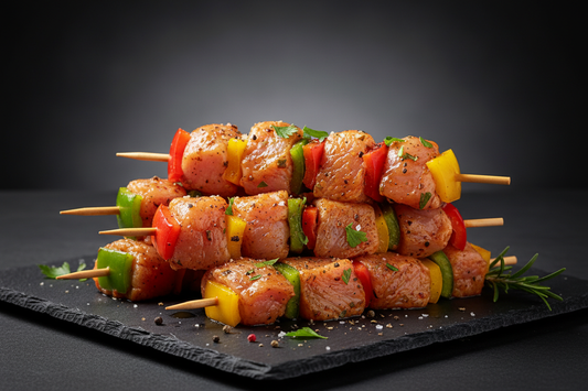 Brochettes de poulet marinées avec poivrons certifiées halal AVS Achahada - viande fraîche prête à griller