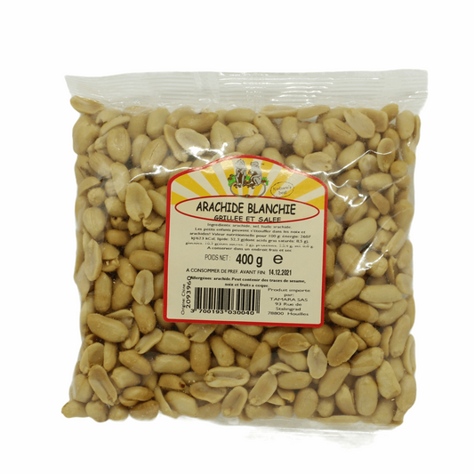 Arachides blanchies grillées salées 400g en sachet, collation croquante et savoureuse, parfaites pour salades et plats gourmands.