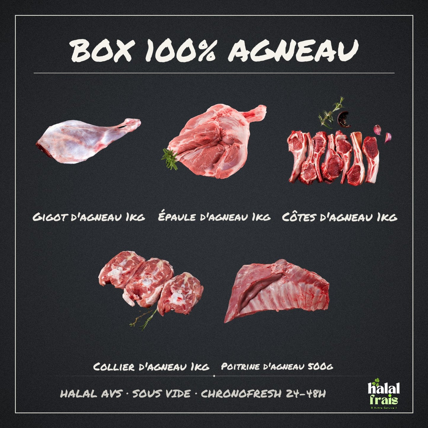 Contenu de la Box 100% Agneau : gigot, épaule, côtes, collier et poitrine d'agneau halal AVS frais Halal Frais