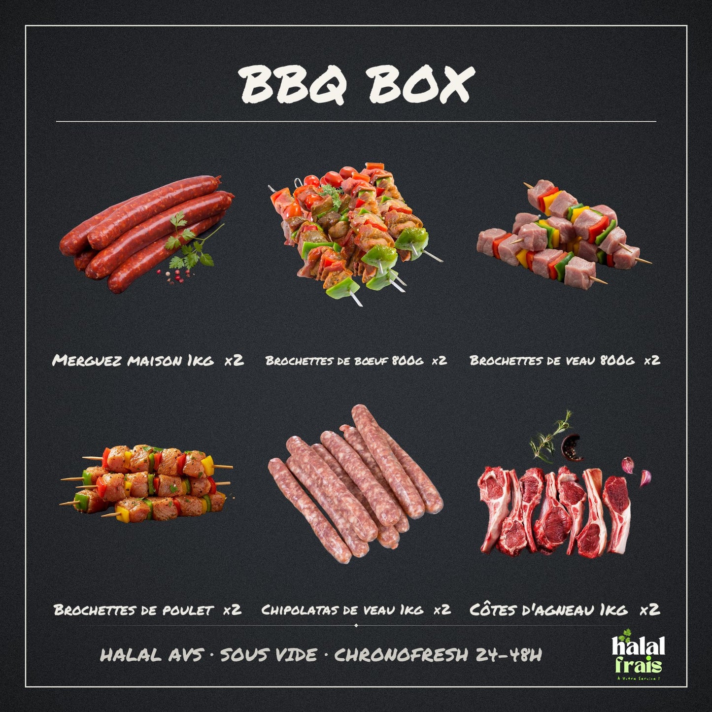 Contenu de la BBQ Box : merguez, brochettes de bœuf, veau et poulet, chipolatas et côtes d'agneau — viandes halal AVS fraîches Halal Frais