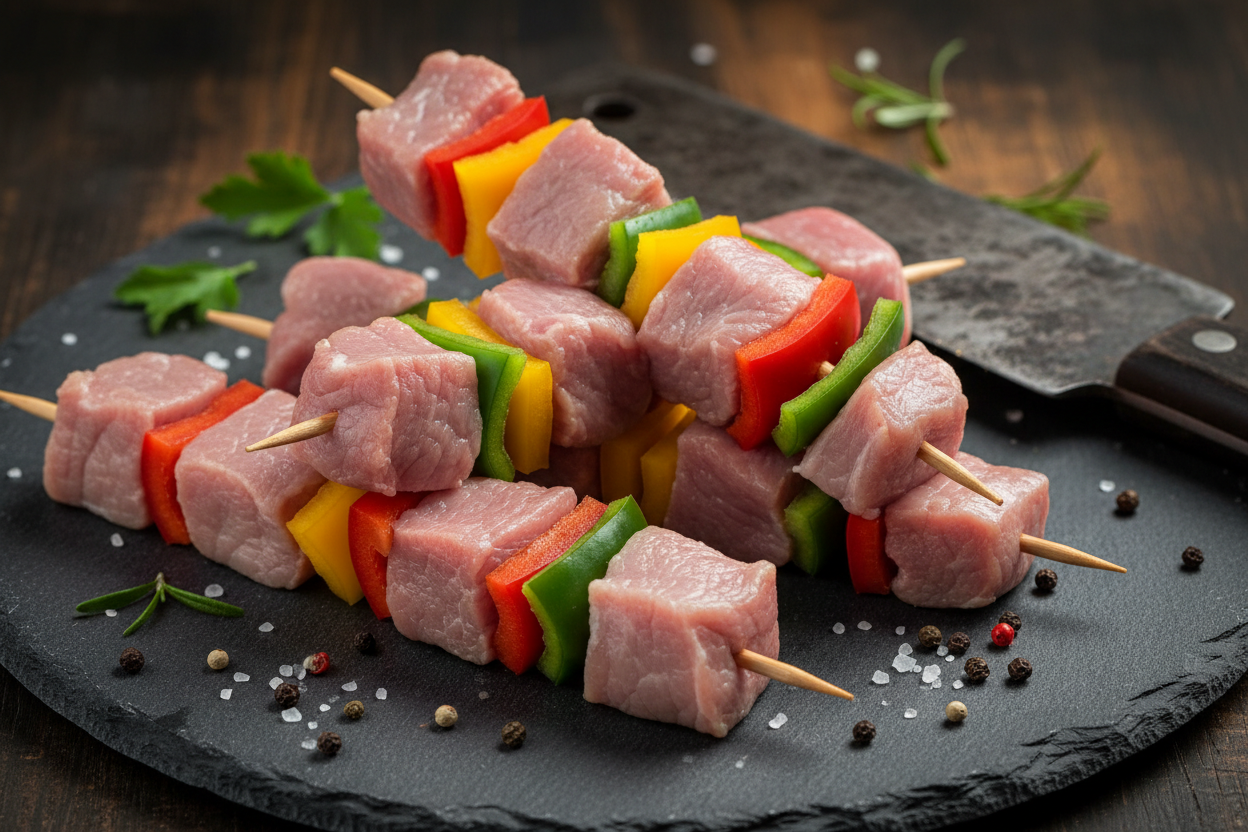 Brochettes de veau marinées avec poivrons 800g certifiées halal AVS Achahada - viande fraîche prête à griller