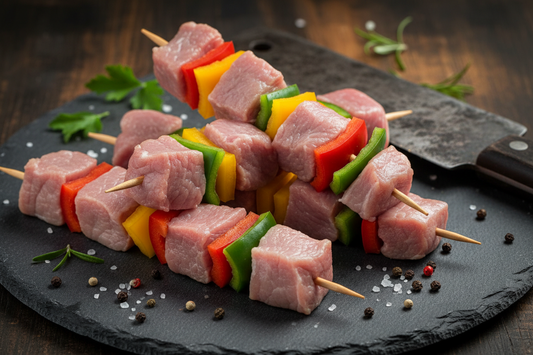 Brochettes de veau marinées avec poivrons 800g certifiées halal AVS Achahada - viande fraîche prête à griller