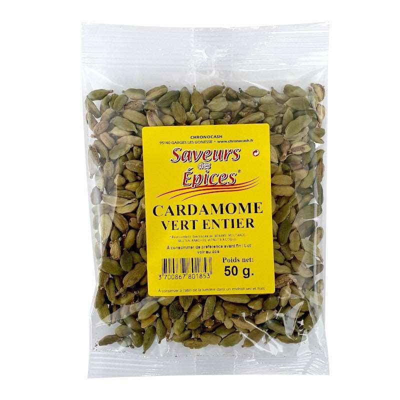 Cardamome verte Saveurs Épices 50g en sachet, épice exotique pour infusions, currys, desserts, produit frais de haute qualité, livraison rapide