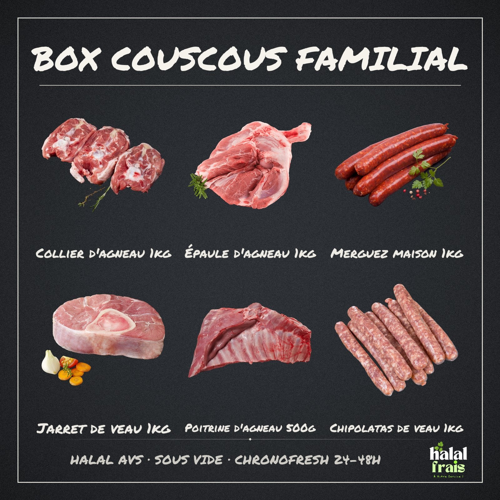 Contenu de la Box Couscous Familial : collier et épaule d'agneau, jarret de veau, merguez, poitrine et chipolatas — halal AVS Halal Frais