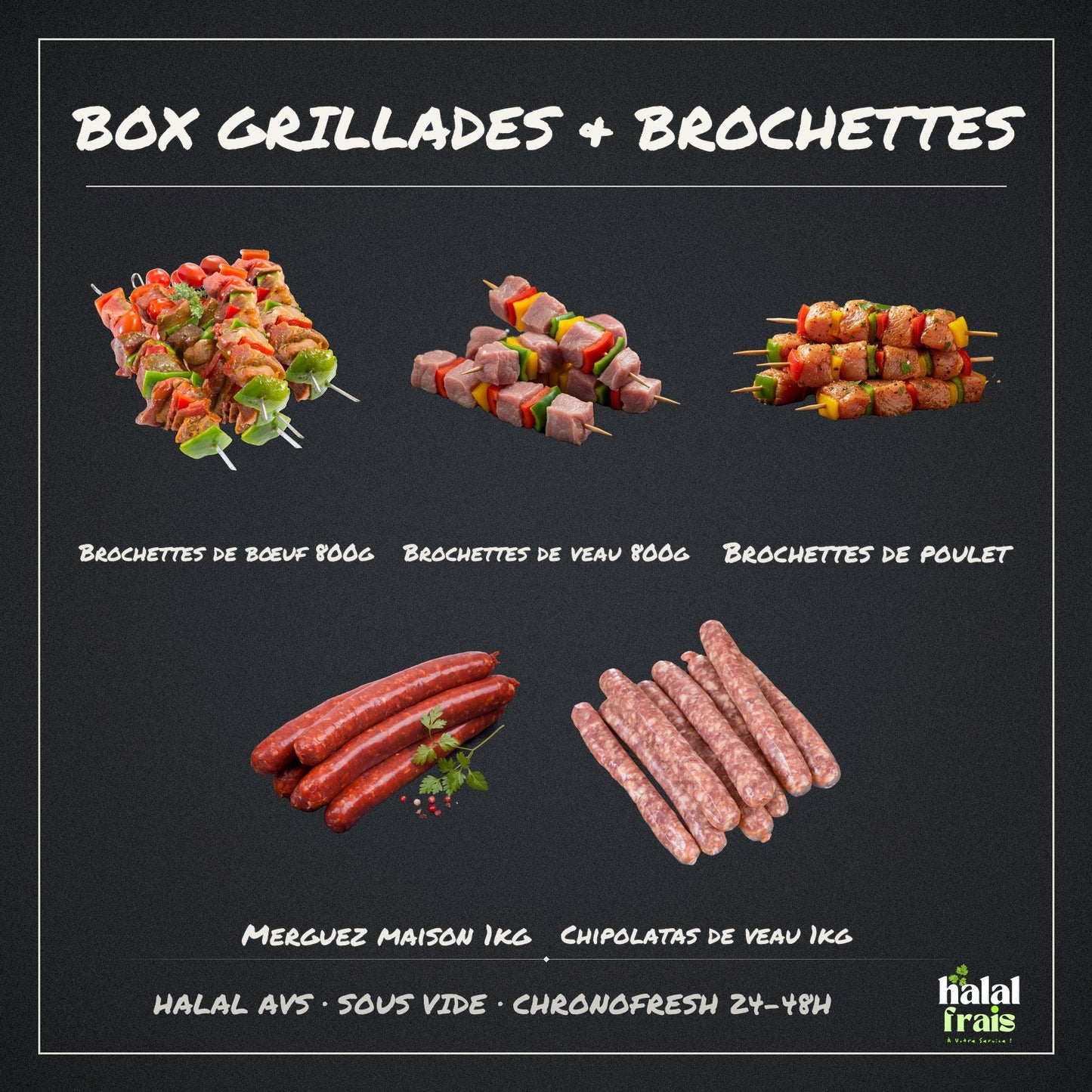 Box Grillades & Brochettes halal AVS – viandes fraîches Halal Frais, livraison Chronofresh
