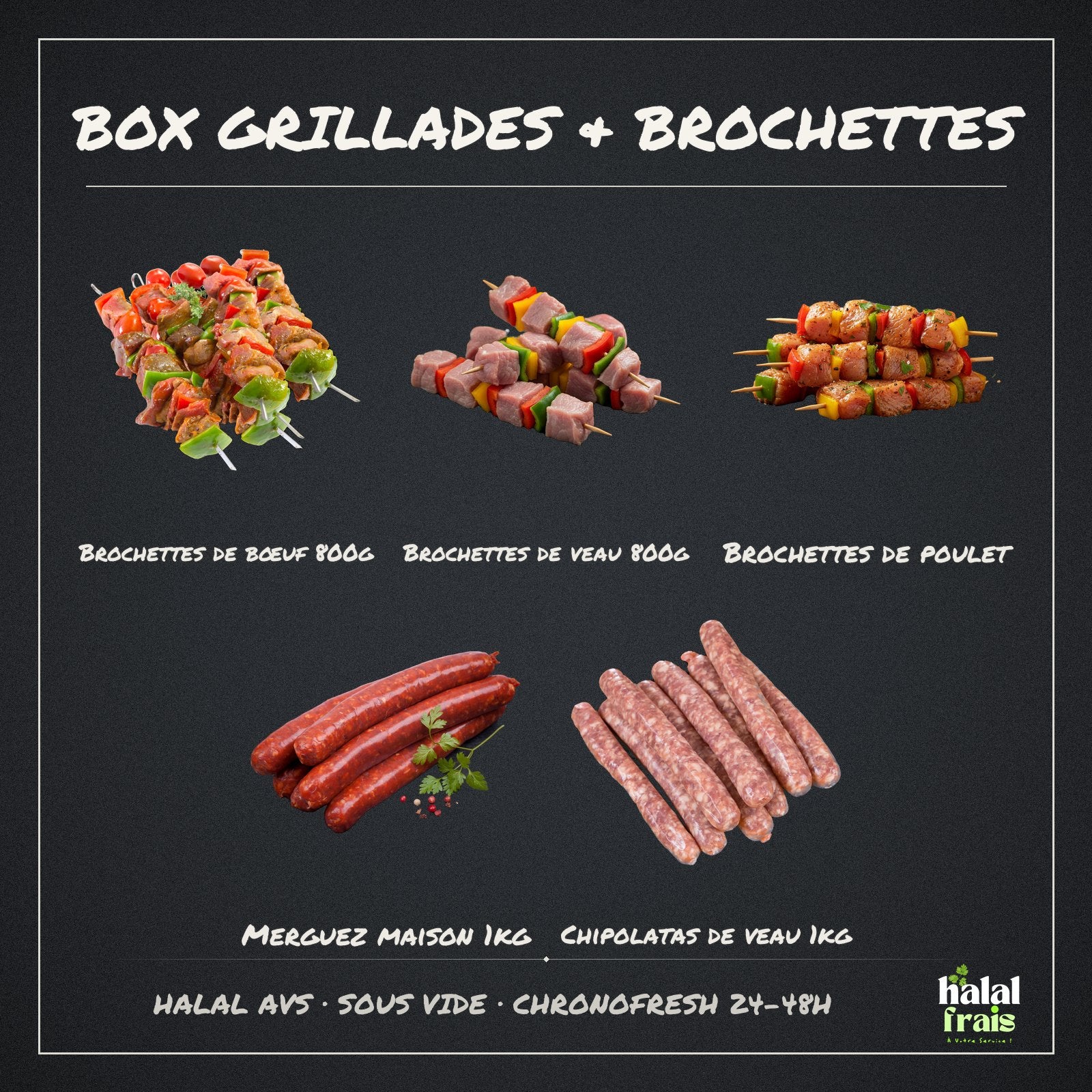 Box Grillades & Brochettes halal AVS – viandes fraîches Halal Frais, livraison Chronofresh