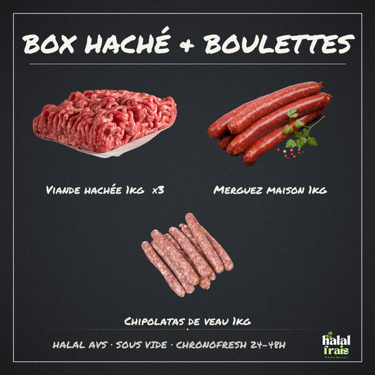 Contenu de la Box Haché & Boulettes : viande hachée, merguez et chipolatas de veau halal AVS frais Halal Frais