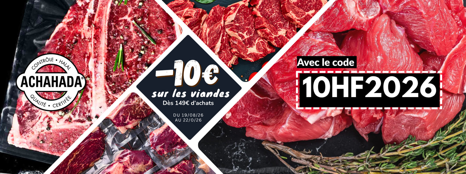 offre de reduction de 10€ sur les viandes fraiches sur un achat de 149€ minimum, viandes certifiees AVS Achahada, livraison partout en france via chronofresh banniere 2600x975px