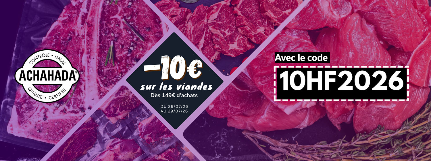 offre de reduction de 10€ sur les viandes fraiches sur un achat de 149€ minimum, viandes certifiees AVS Achahada, livraison partout en france via chronofresh banniere 2600x975px sur halalfrais.fr