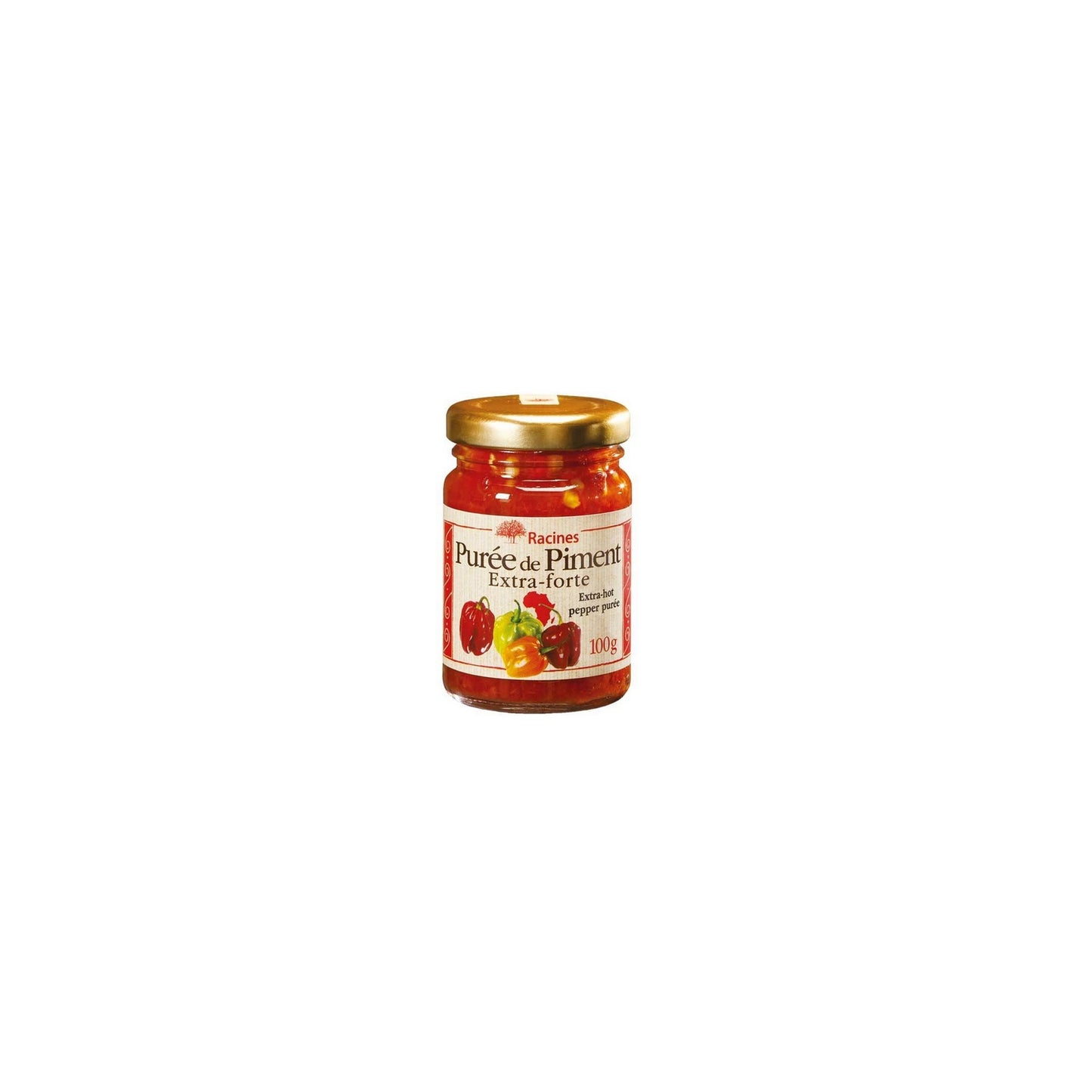 purée de piment extra forte de la marque Racines, le bocal contient 100g de purée extra forte, pour accompagner les plats africains et tout autre plat auquel on veut rehausser le goût