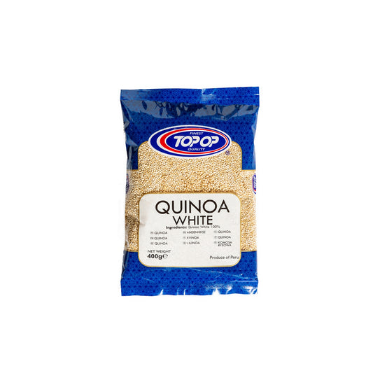 quinoa blanc 400g de la marque Topop, aliment naturel qui régule le cholestérol et le glucose dans le sang et aide à prévenir le diabète de type 2 et les maladies cardiovasculaires