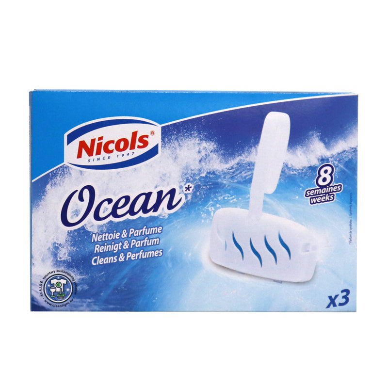 Bloc WC Ocean Nicols X3 pour fraîcheur marine et propreté longue durée dans toilettes, prévient tartre et dépôts calcaires, parfum frais