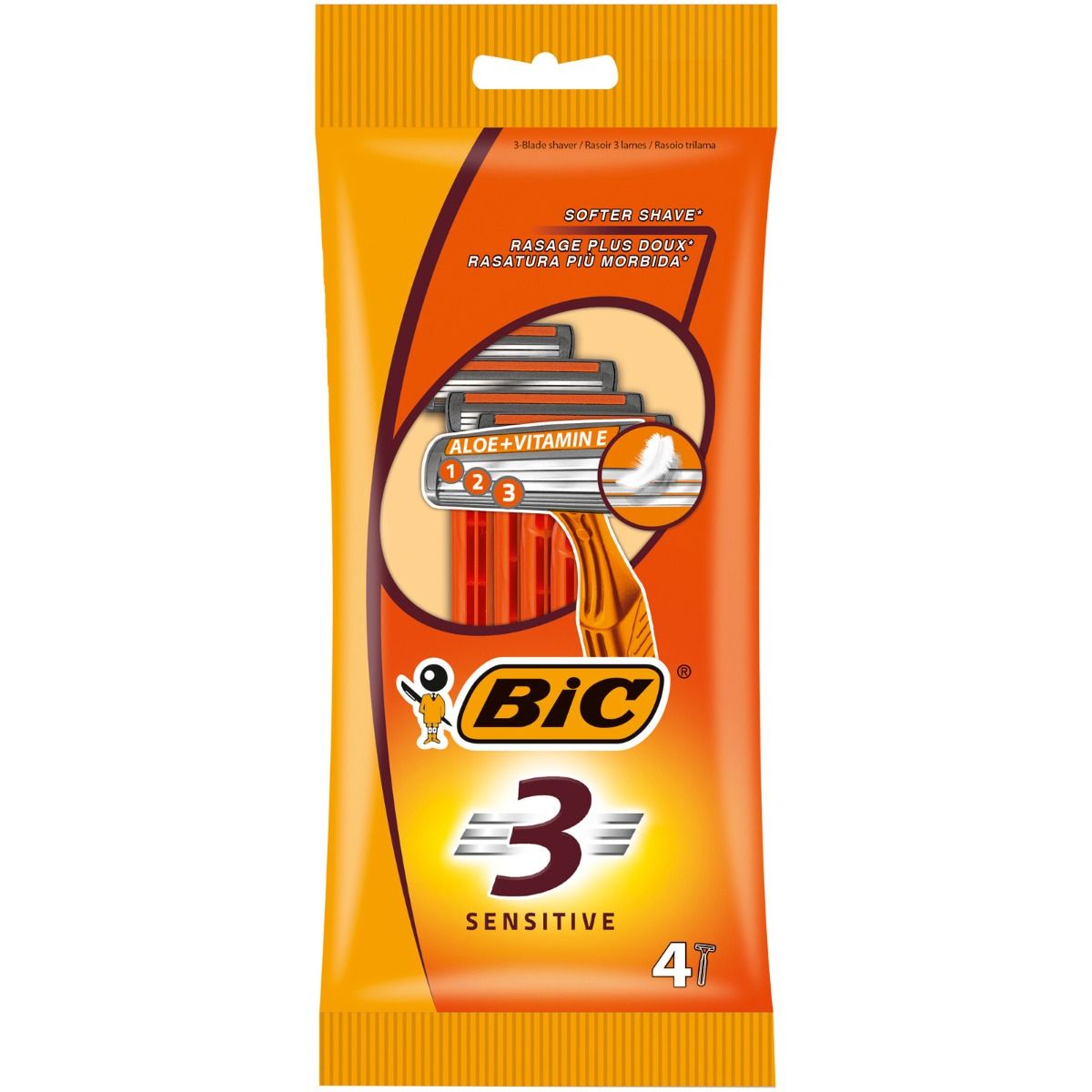 Rasoirs BIC 3 Sensitive en pack de 4 pour rasage doux et précis avec lames ultra-affûtées et bande lubrifiante à l'aloès, idéal pour peaux sensibles.