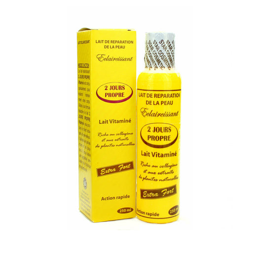 2 JOURS PROPRE LAIT REPARATEUR PEAU 200ML est spécialement formulé pour nettoyer en profondeur tout en réparant la peau. Enrichi en huiles nourrissantes et en vitamines, ce lait laisse votre peau propre